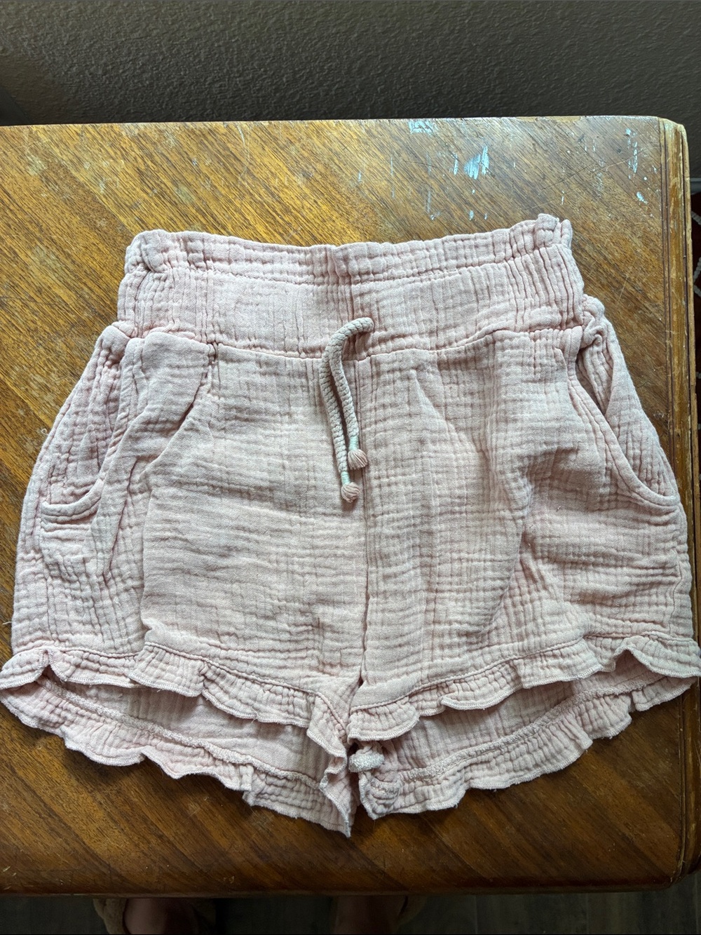 Kids Pink Gauze Drawstring Shorts with Ruffle Hem 6 Y (matching set)